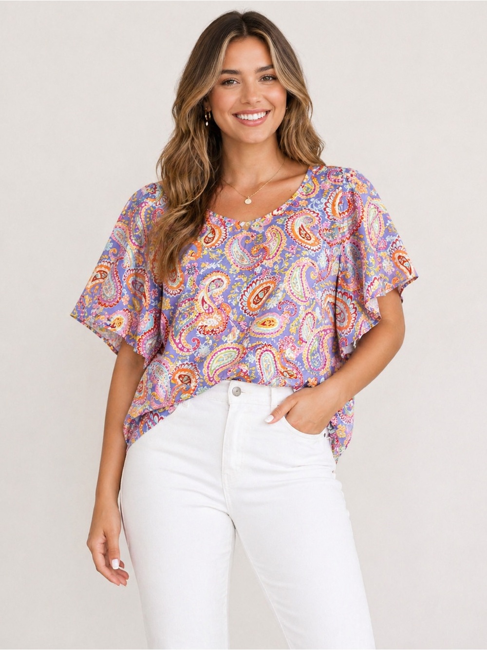Purple Paisley V-Neck Flutter Sleeve Top